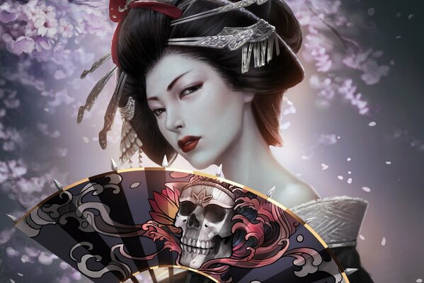 Arte Geisha y abanico con calavera