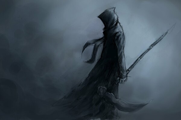 The arrival of death with a scythe in the hood