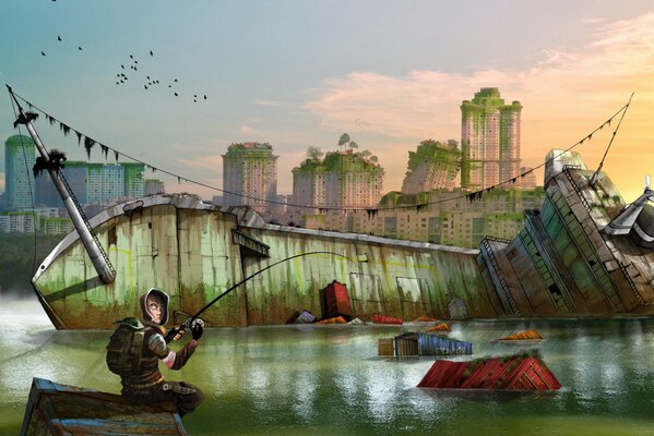 The man of the post-apocalypse is fishing