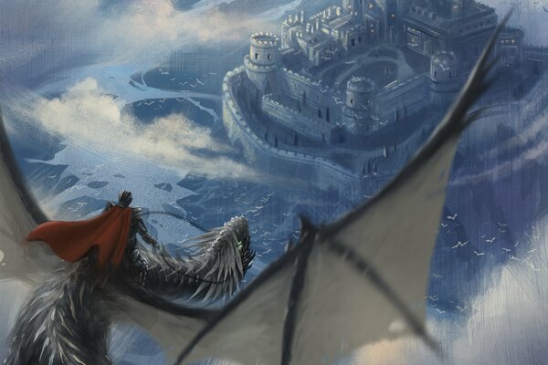 A dragon flying in the sky above the castle