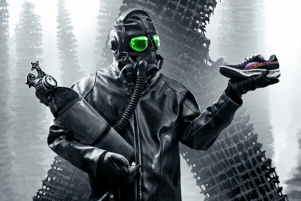 A man in a protective suit holds sneakers during the apocalypse