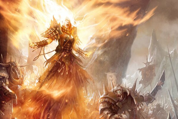 A girl in flames. Orcs. Battle