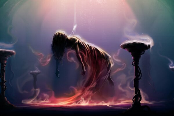 The girl levitates in magical smoke and light