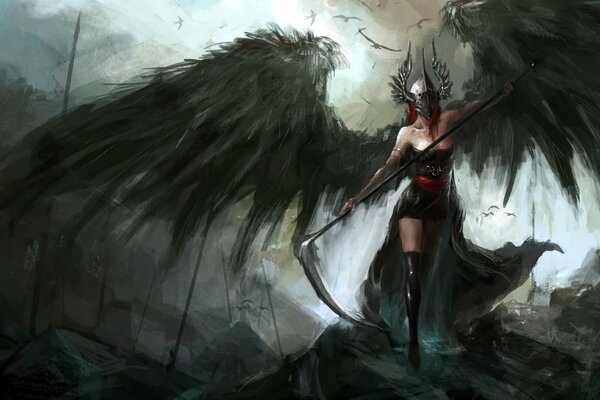 A girl with a scythe and black wings