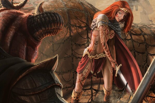 The girl with the sword looks towards the horned creature