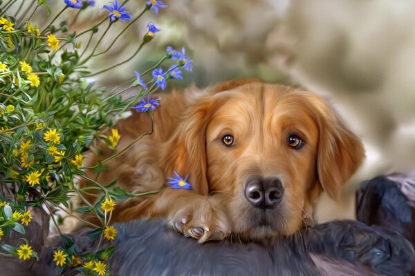 Cane dipinto con uno sguardo devoto accanto ai fiori