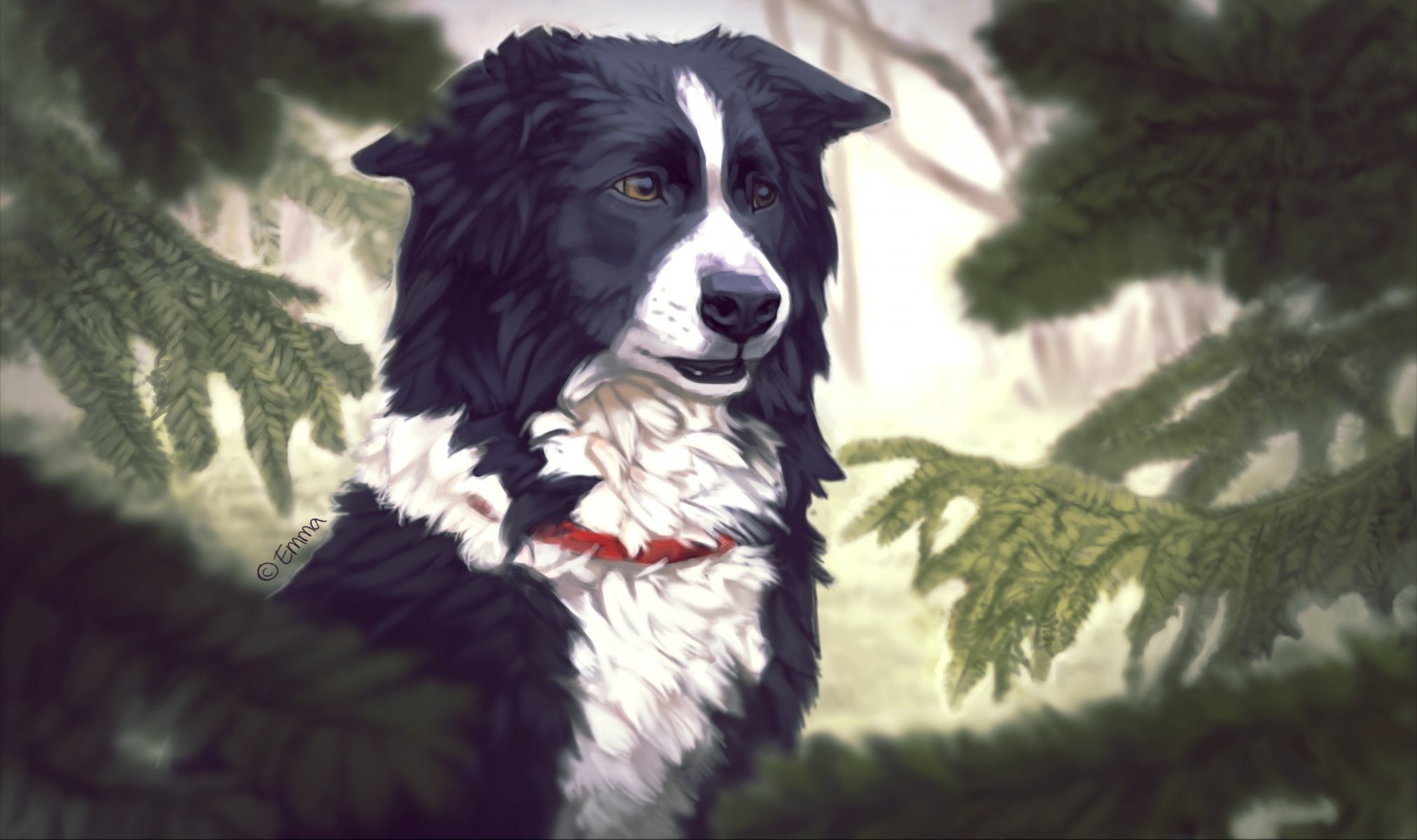 art emma jonsson chien arbres épinette aiguilles de pin collier