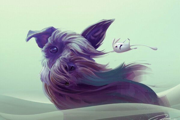 The wind blows on the animal and the dog