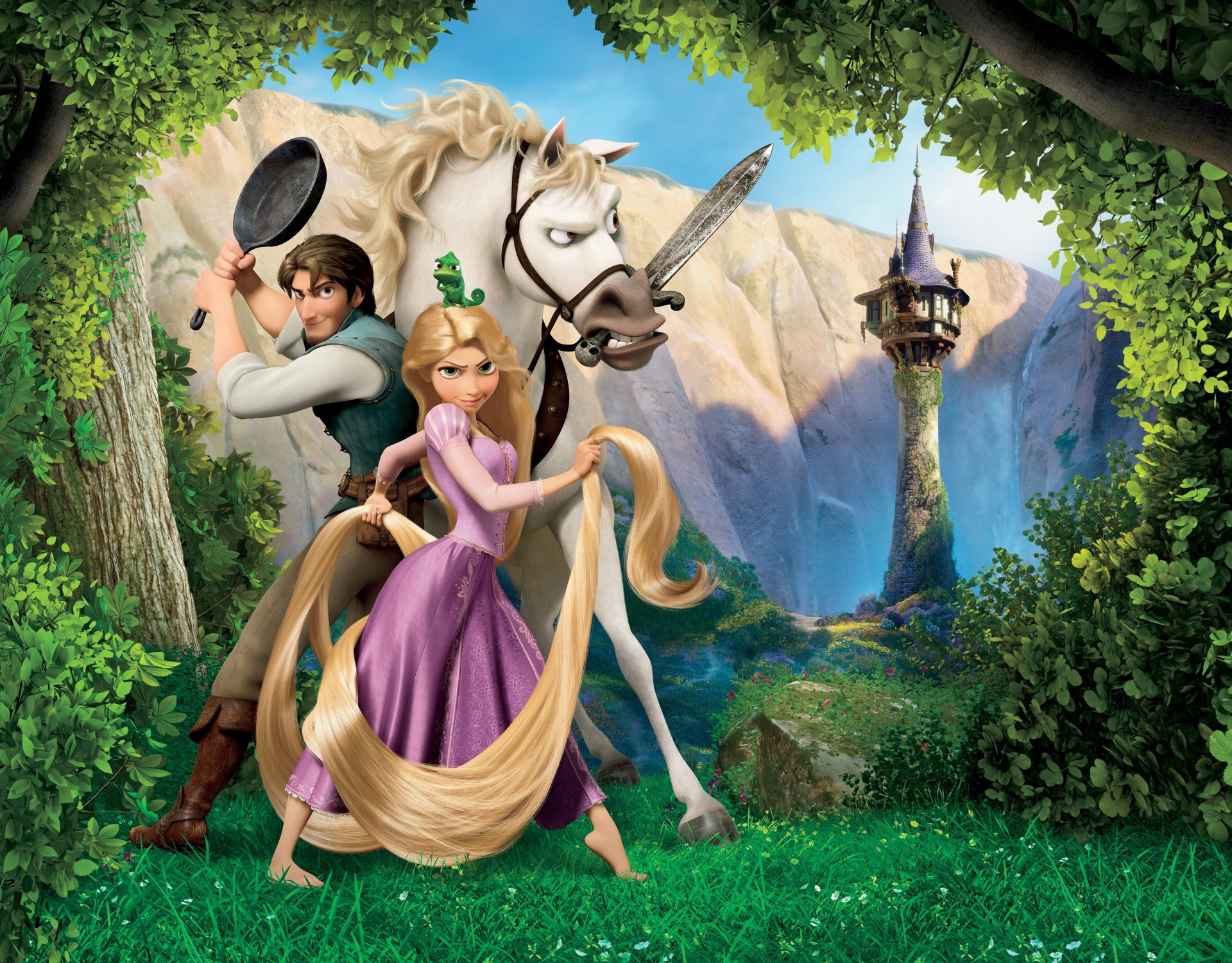 rapunzel: une histoire déroutante rapunzel flynn maxime maximus pascal princesse voleur cheval caméléon château tour ciel montagnes forêt vallée ruisseau arbres herbe fleurs épée poêle à frire cheveux