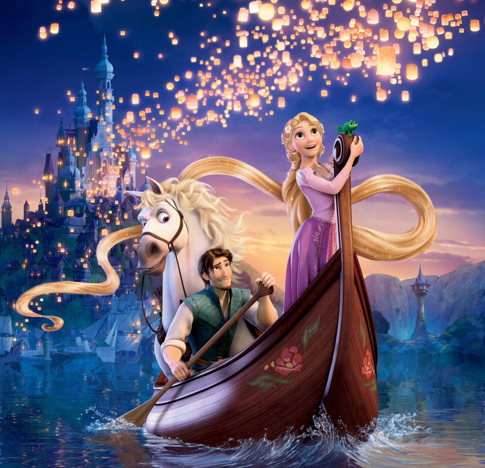 rapunzel: une histoire confuse rapunzel flynn maxime maximus pascal princesse voleur cheval caméléon cheveux palais château tour ciel nuit rivière eau montagnes navire vagues lumières lanternes