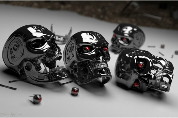 Terminator heads on a white table