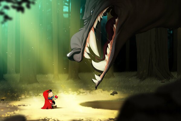 Little Red Riding Hood gives a flower to the terrible wolf