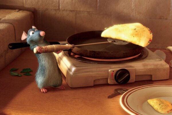 Cartoon ratatouille. Rat cooks pancakes