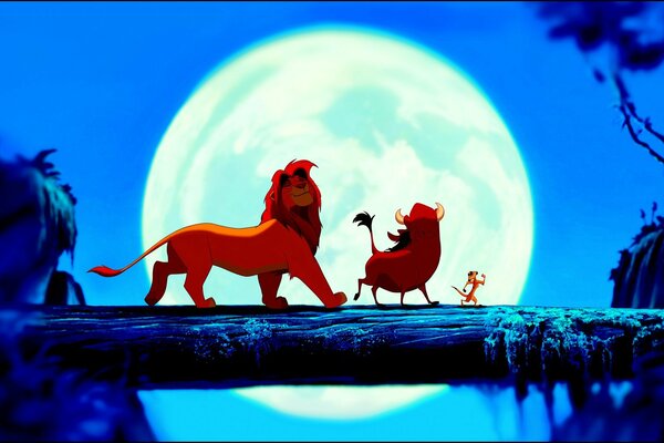 Le roi Lion, Pumbaa et timon marchaient sous la lumière de la lune