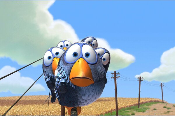 Dibujos animados de pixar sobre pájaros, gorriones en cables