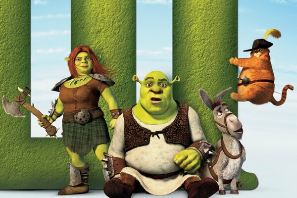 Shrek with Fiona the barbarian and a fat cat with a donkey