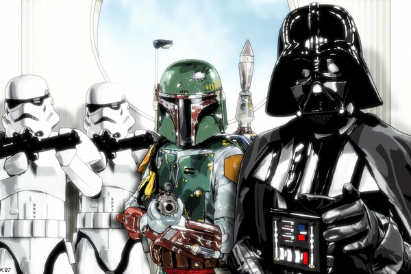 Darth Vader y Django FET con dos Stormtroopers