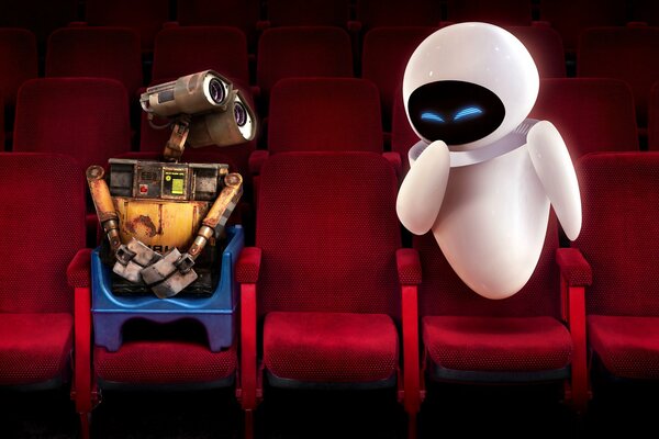 Cartoon über die Roboter Willie und Eva. Roboter in roten Sesseln im Kino