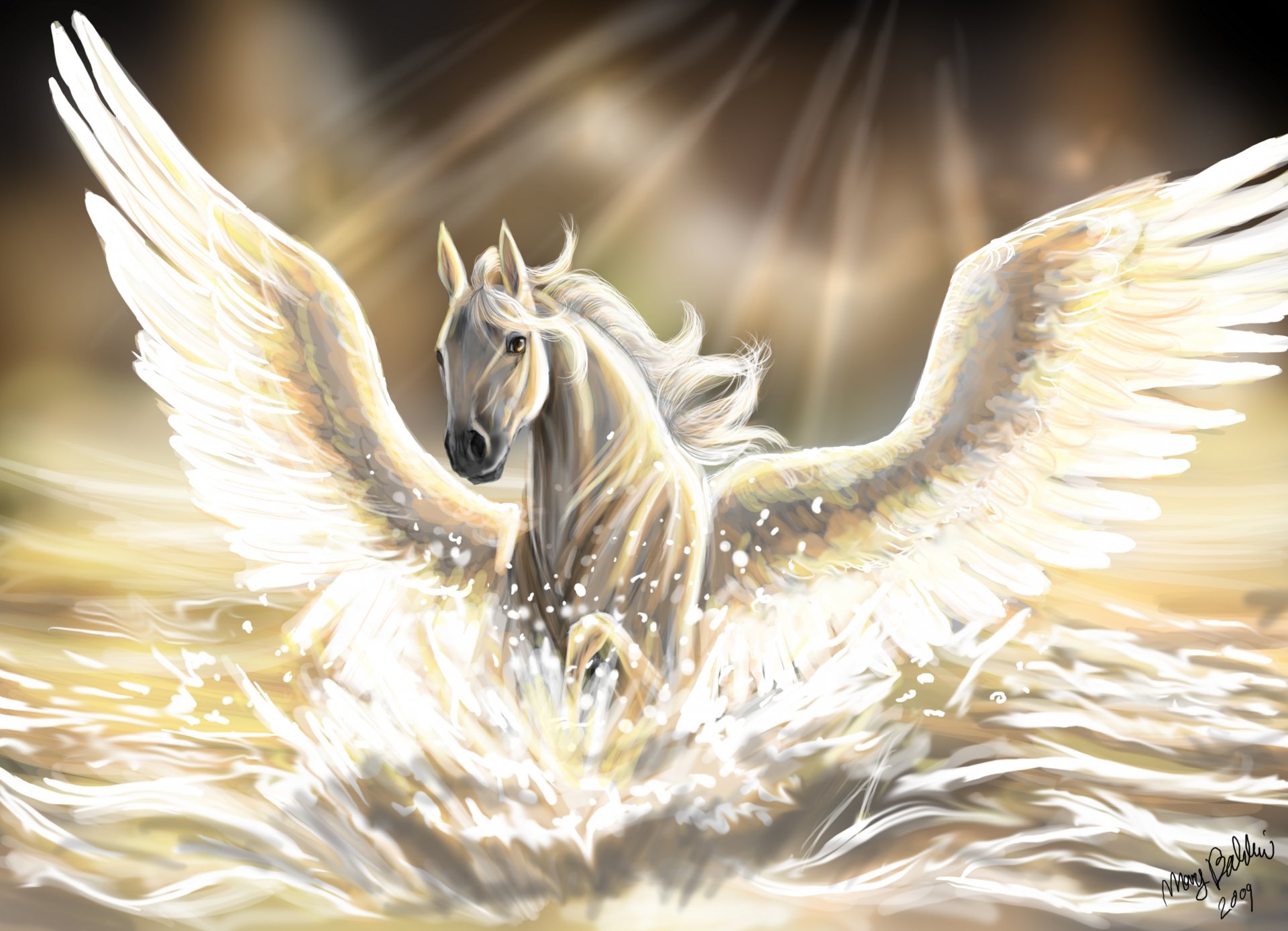 arte caballo pegaso alas melena agua mar galopa sol rayos