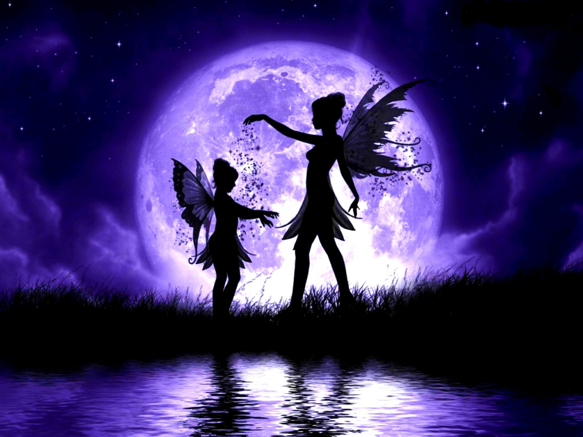 fate ragazza bambino ali lago acqua erba notte cielo nuvole stelle luna