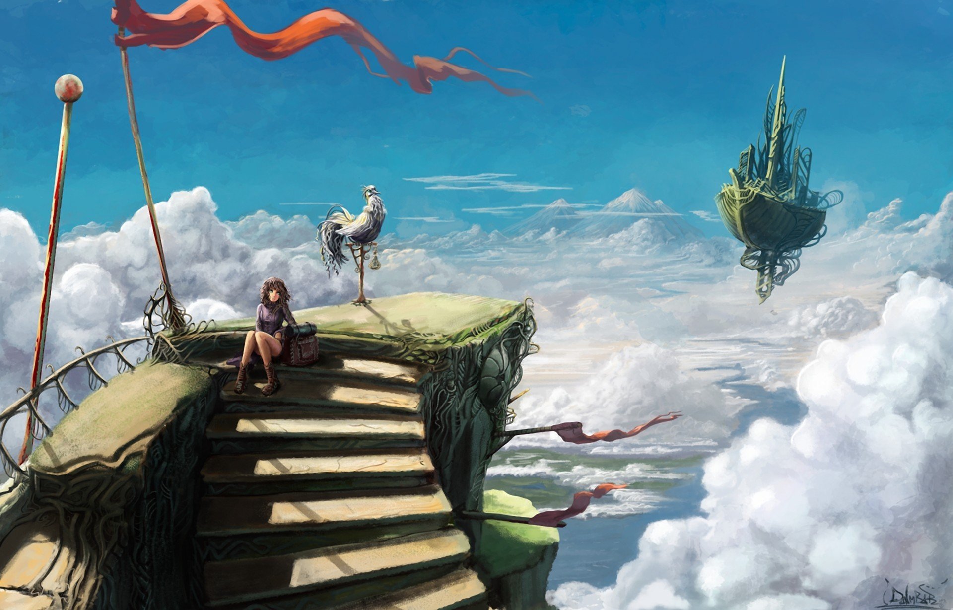 art fille navire volant nuages ciel hauteur bagages oiseau marches escalier monde fantastique