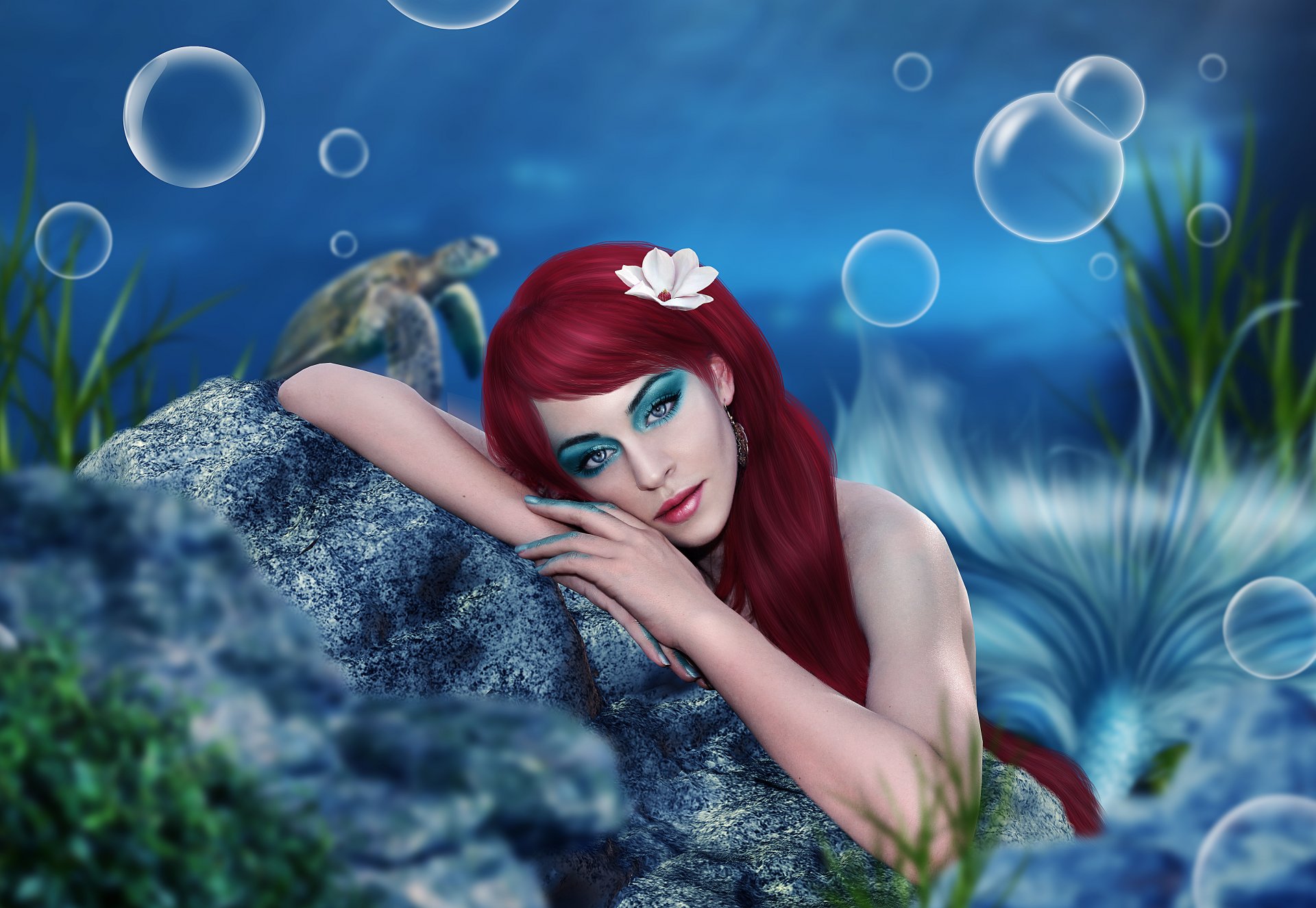 arte chica sirena cola maquillaje cara ojos mirada pelo rojo manos piedra melancolía agua océano burbujas