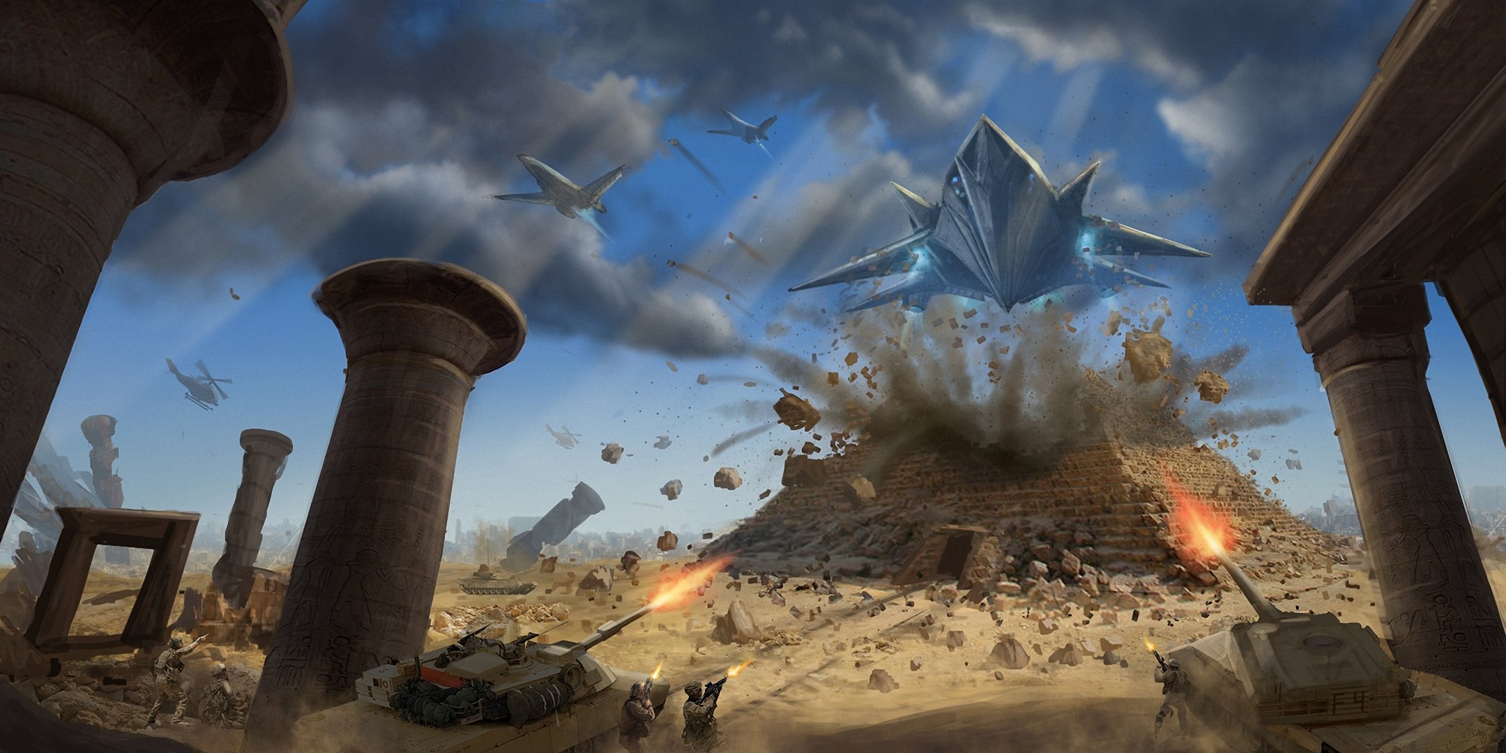 art the army planes tank egypt pyramid men explosion attack