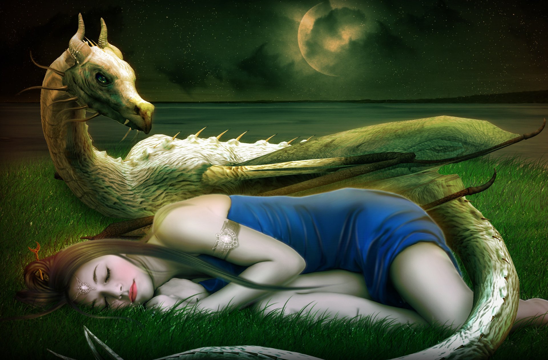 fiction art girl face sleeping sleep jewelry dress dragon horns herbanebo moon star