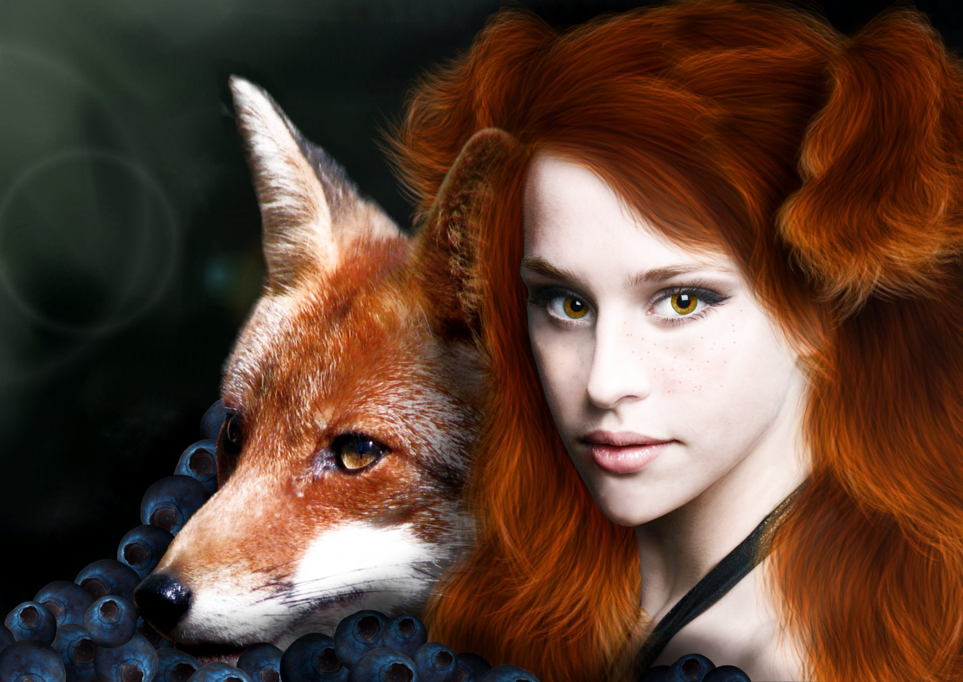 fiction fille cheveux roux visage regard yeux taches de rousseur animal renard baies