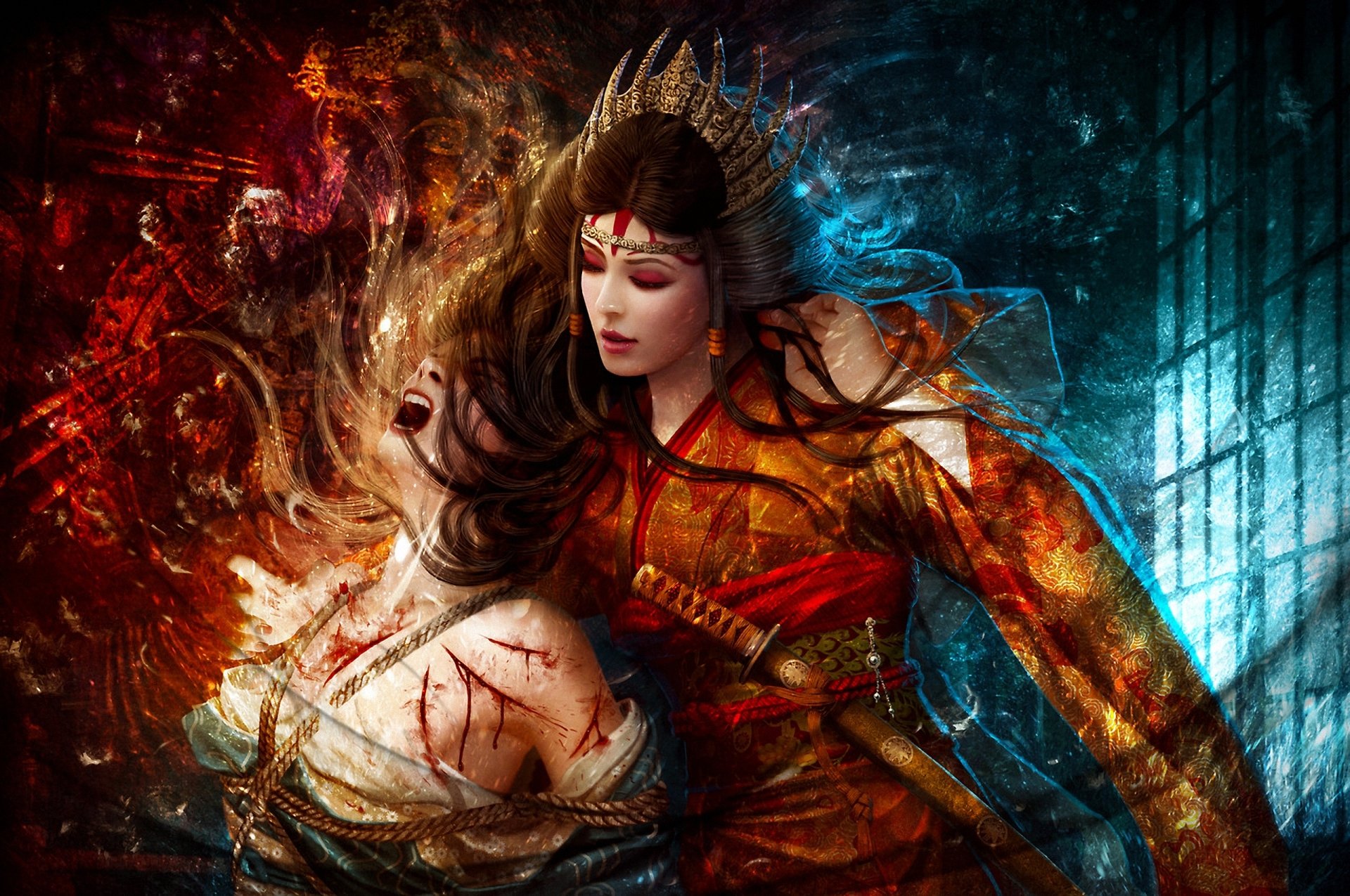 art mario wibisono legend of the five rings asako izuna girls torture pain rope sword crown