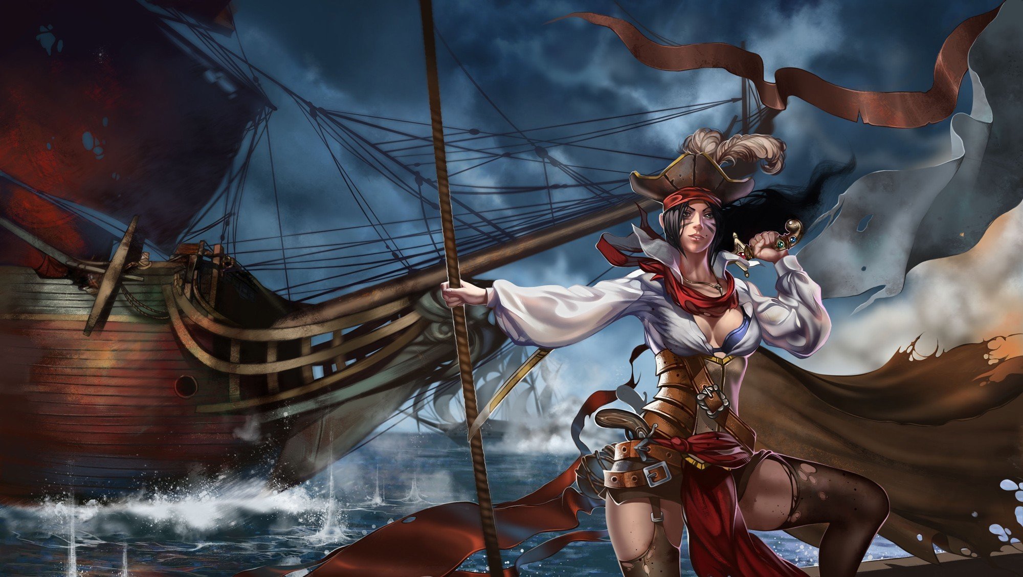 art girl pirates ship sea sailboats weapon wind