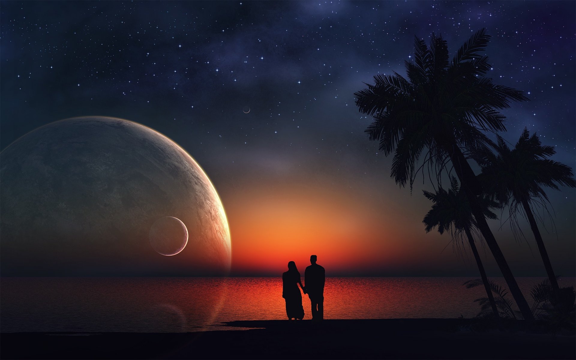 persone romanticismo amanti mare oceano palme pianeti bellezza stelle notte