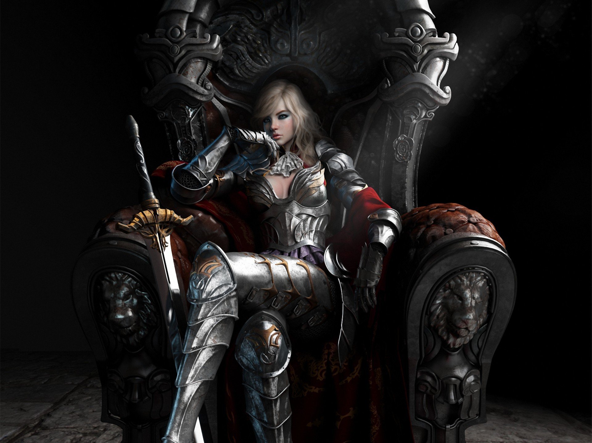 art girl queen the throne armour sword thoughtful