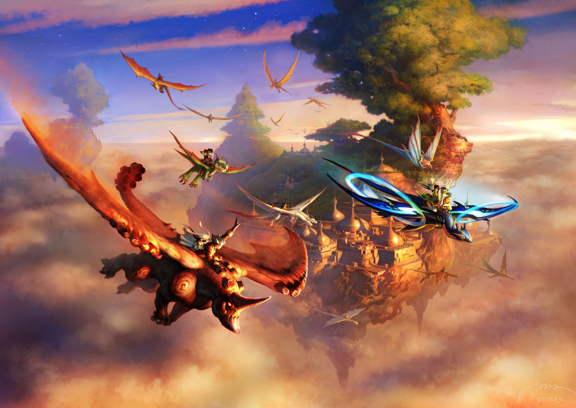 art fantasy creatures flying in the sky city flying tree rock dragons rhinoceros riders riders riding cloud