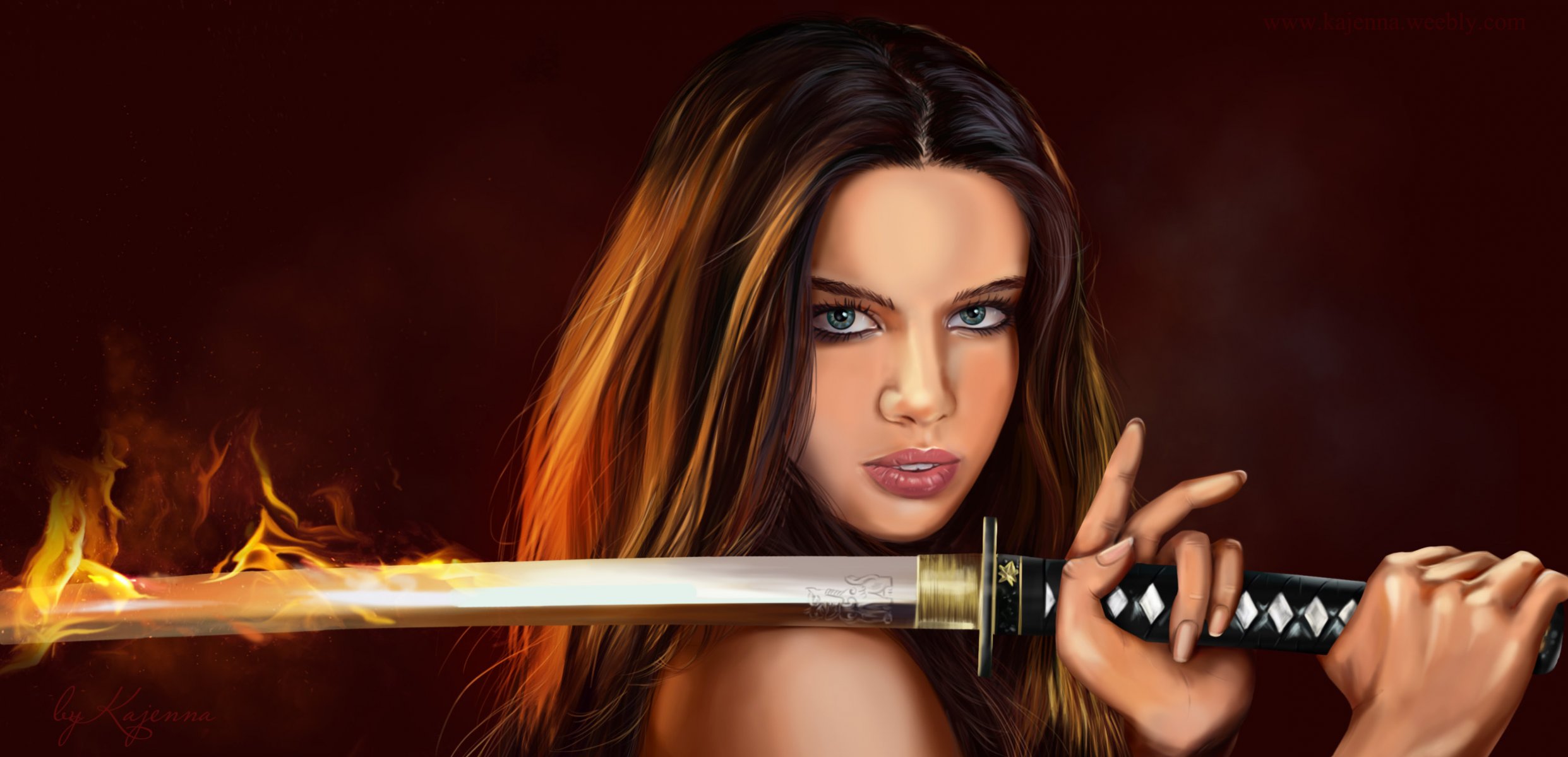 arte ragazza viso sguardo occhi capelli mani katana armi fuoco