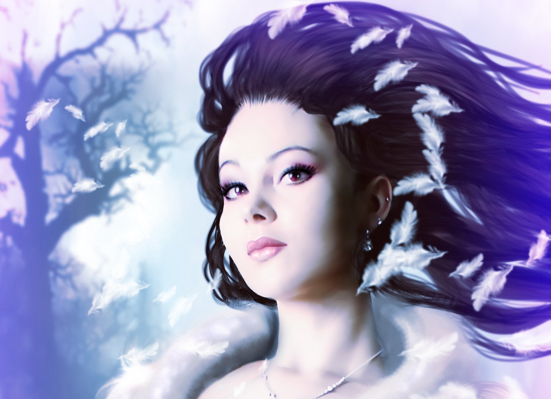 art fille princesse visage regard yeux boucles d oreilles maquillage cheveux plumes blanches