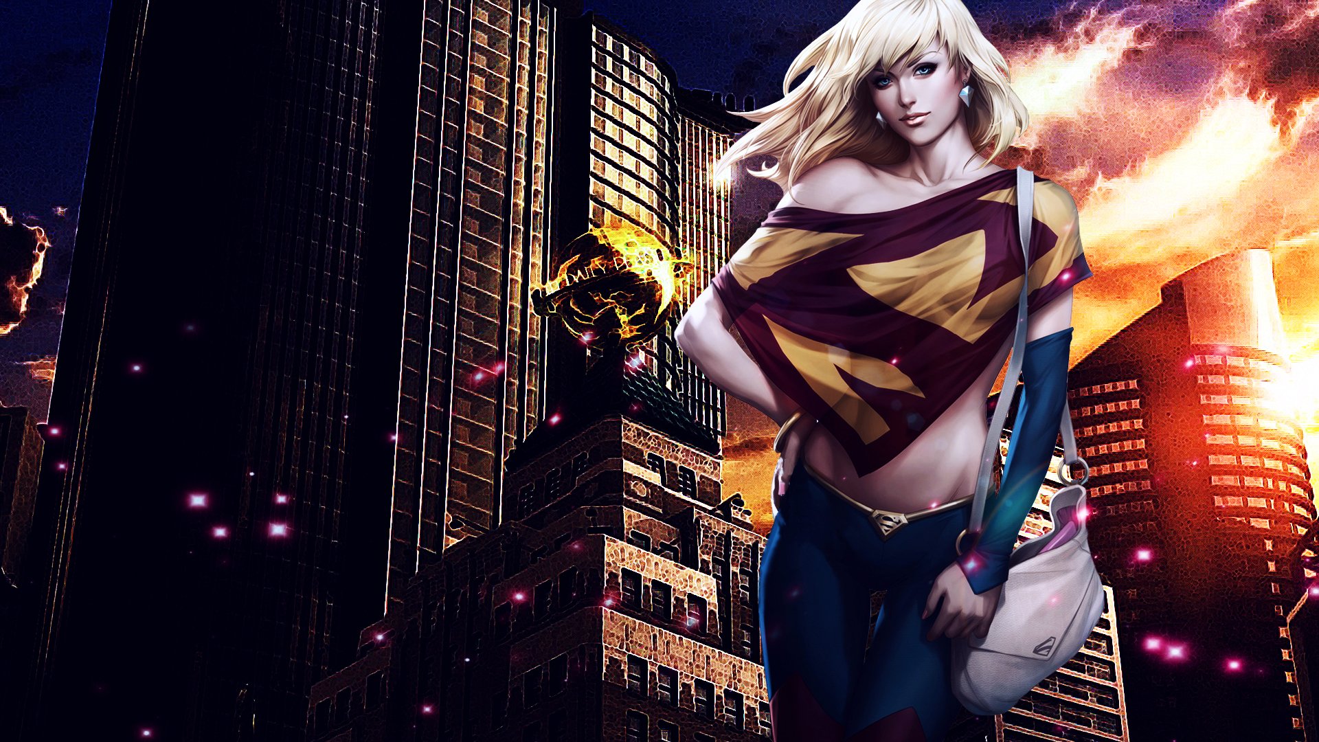 supergirl dc comics chica. mirada. pelo bolso fondo ciudad