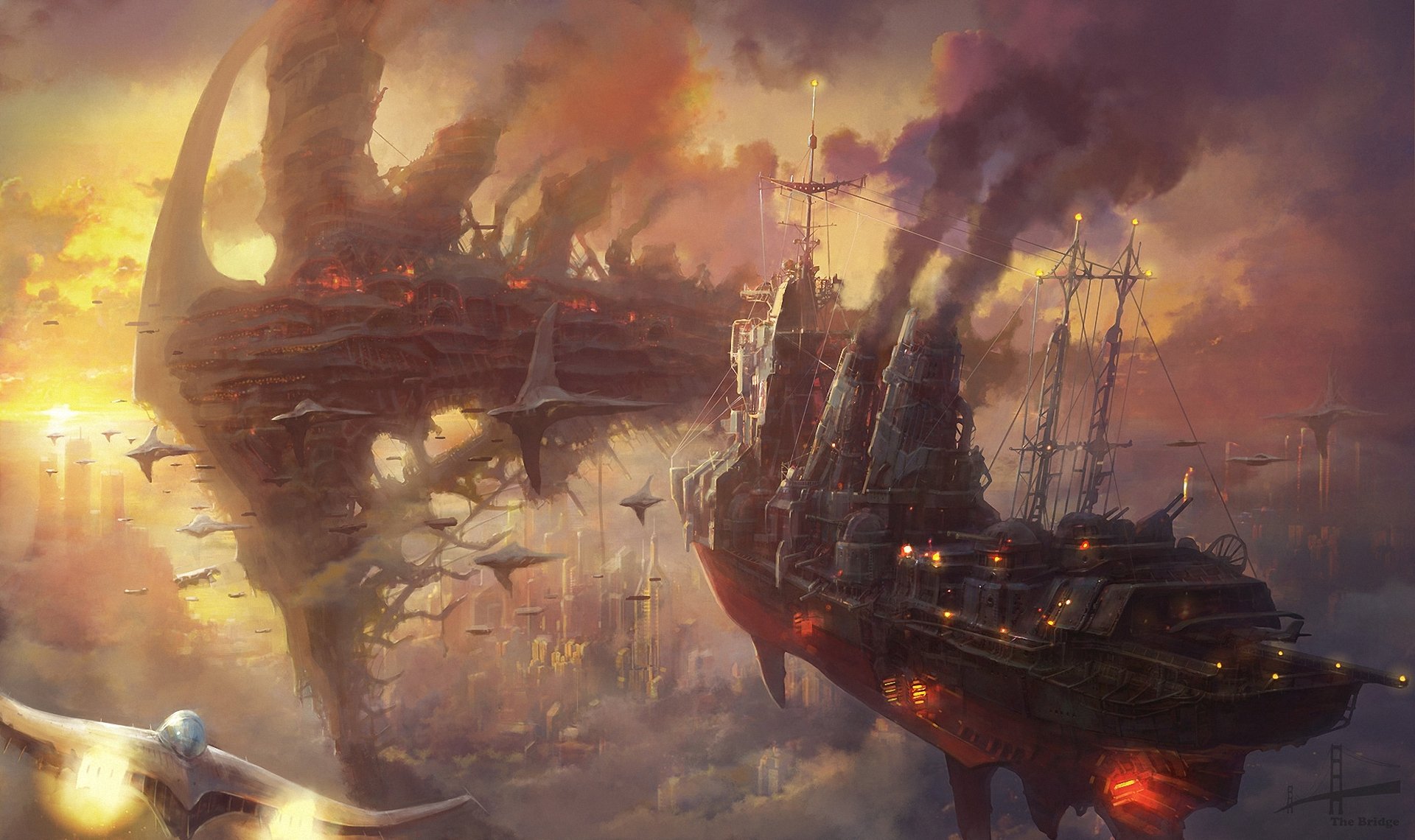 arte minseub jung en el cielo barcos ciudad armada humo puesta de sol steampunk nubes