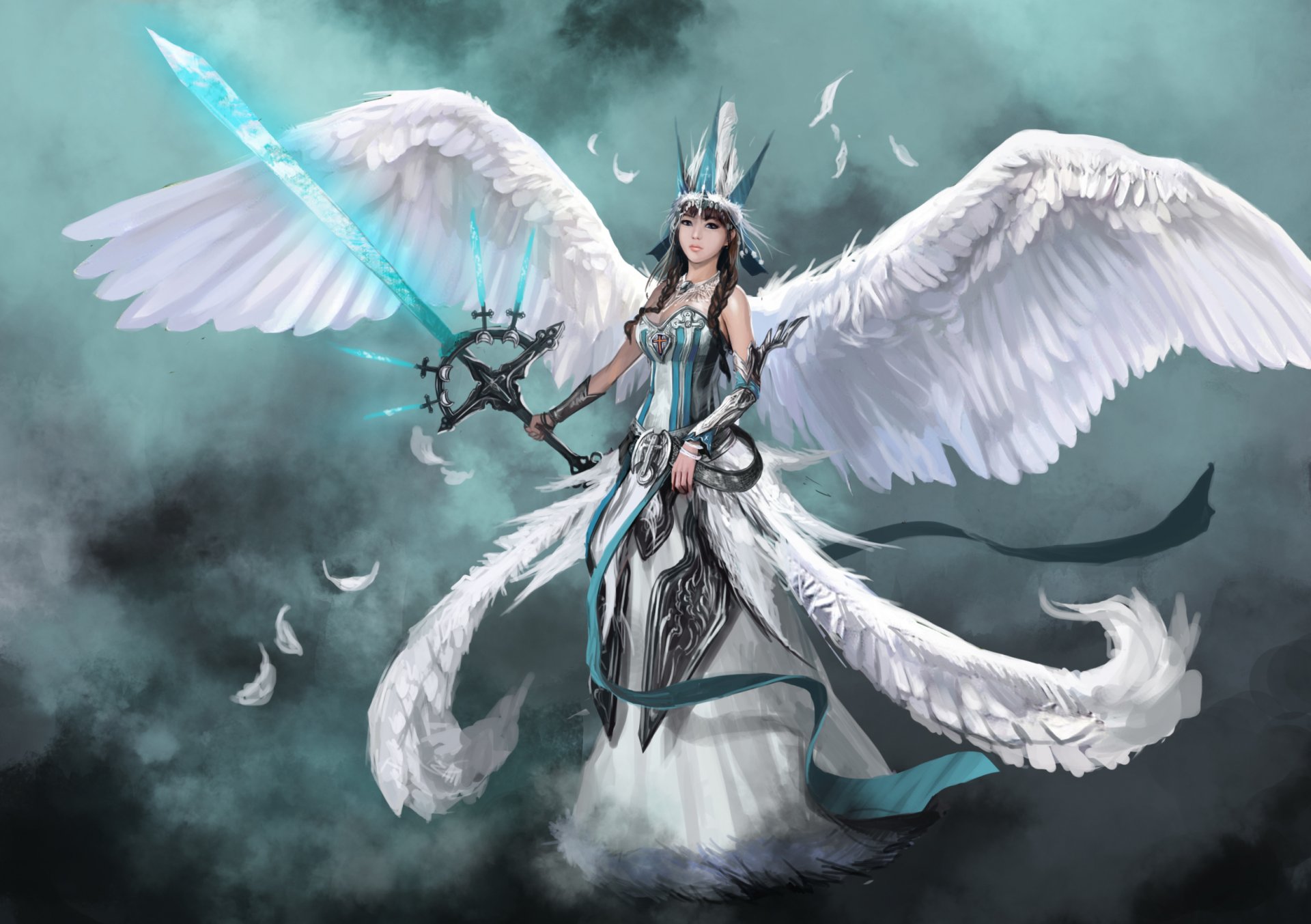 fiction art fille ange ailes épée arme plumes