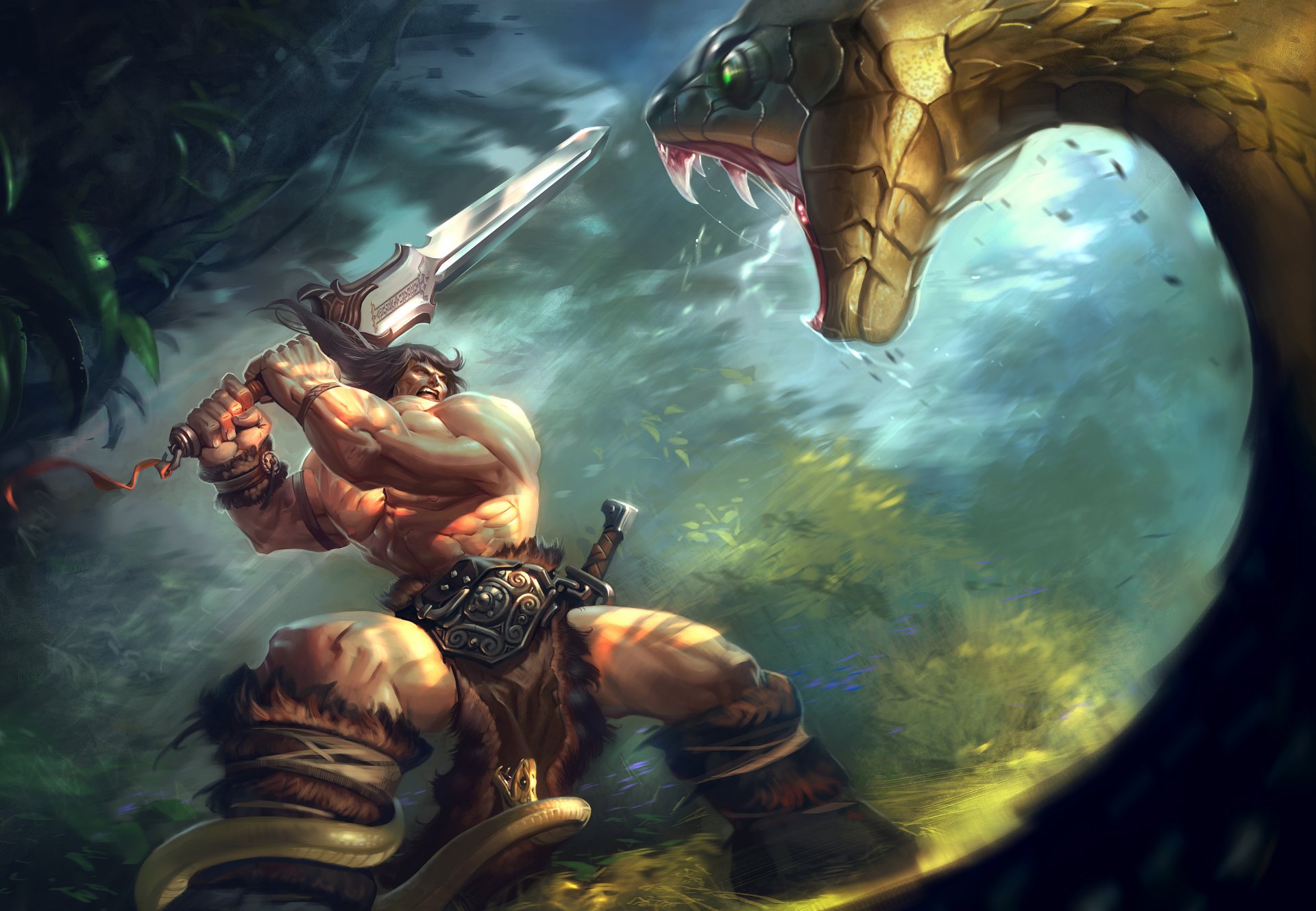 conan barbare à deux mains épée jungle énorme serpent mêlée