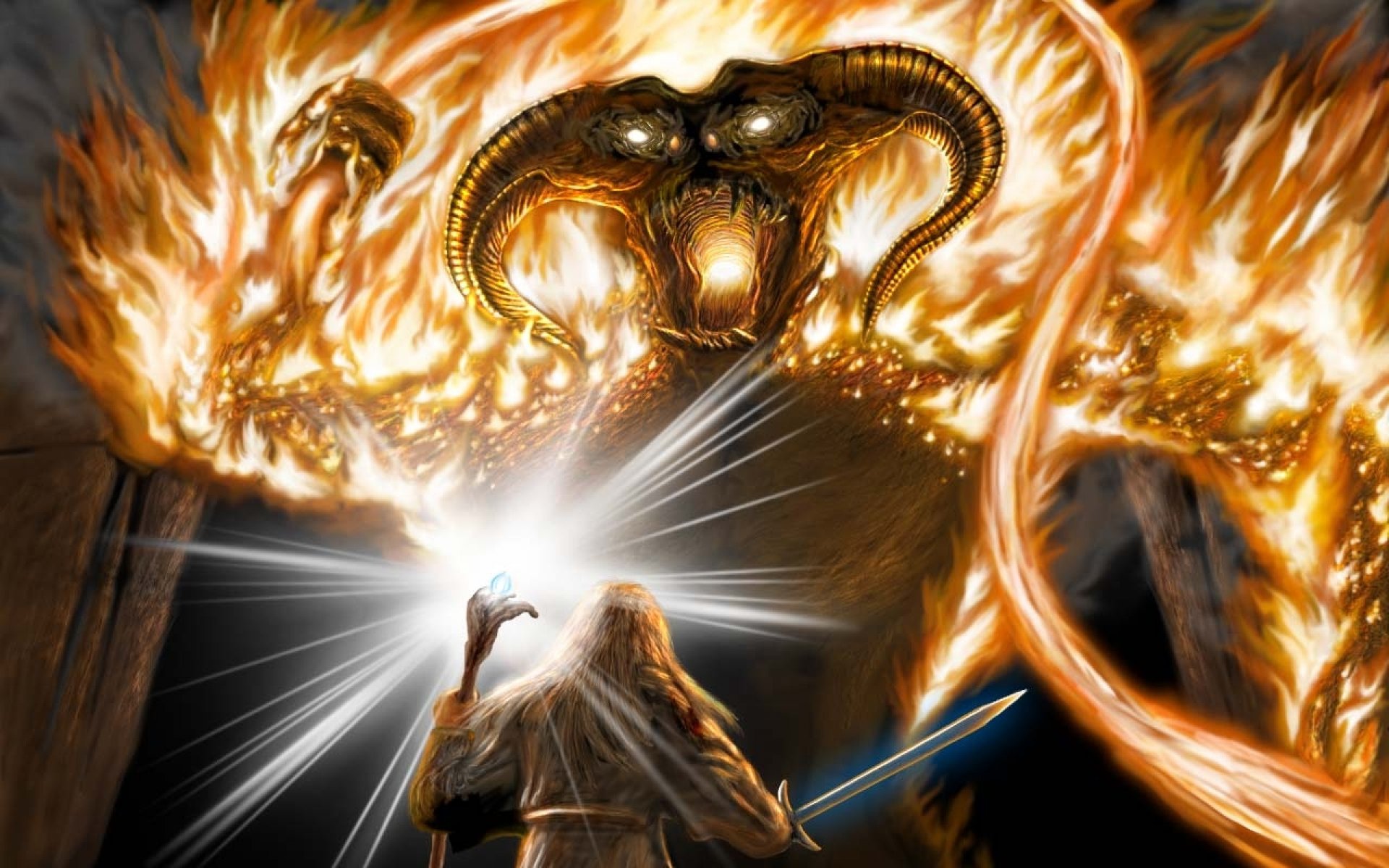 arte il signore degli anelli moria gandalf balrog balrog battaglia bastone spada