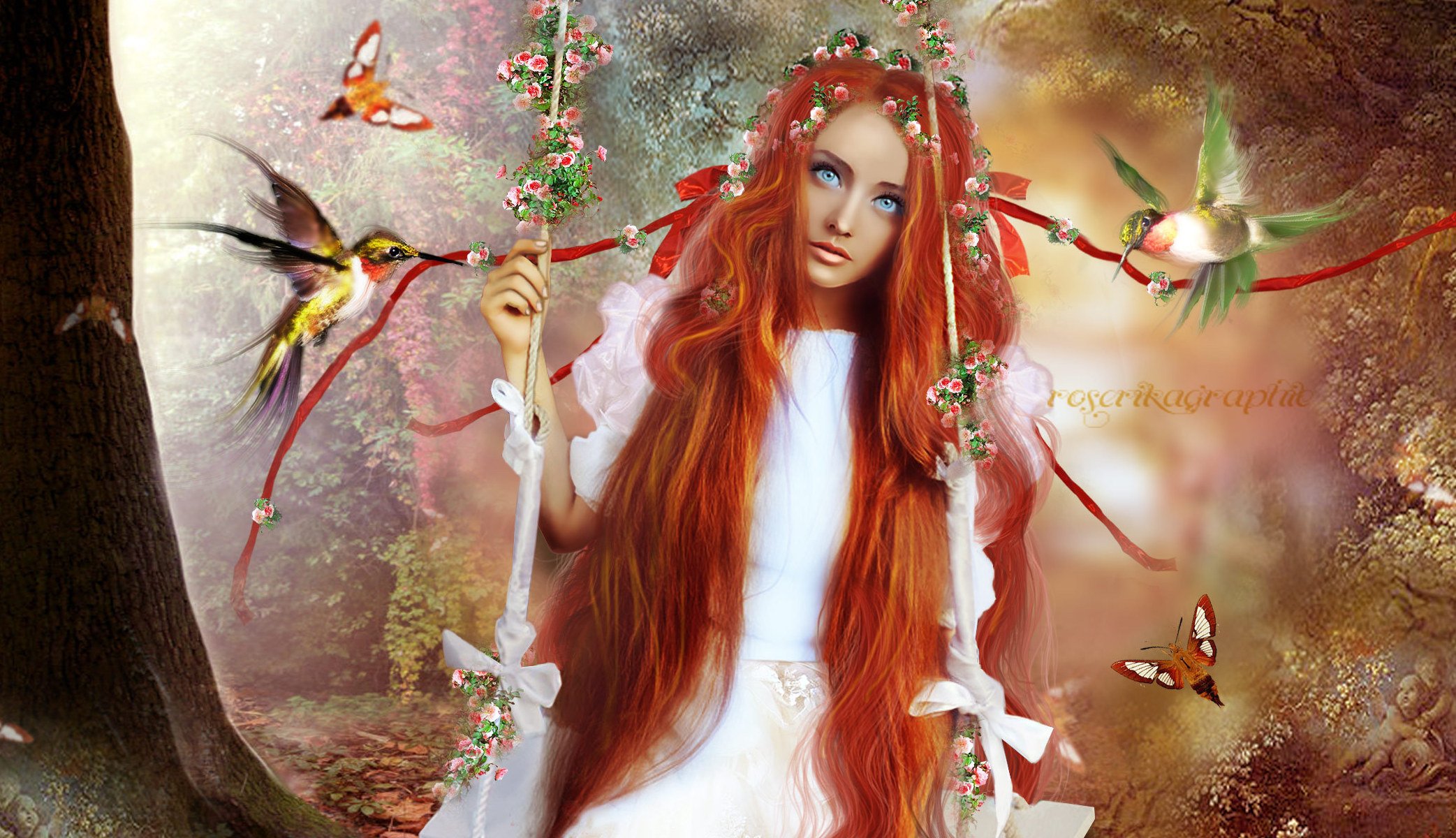 art girl face blue eyes view hair long red swing flower birds tree butterfly