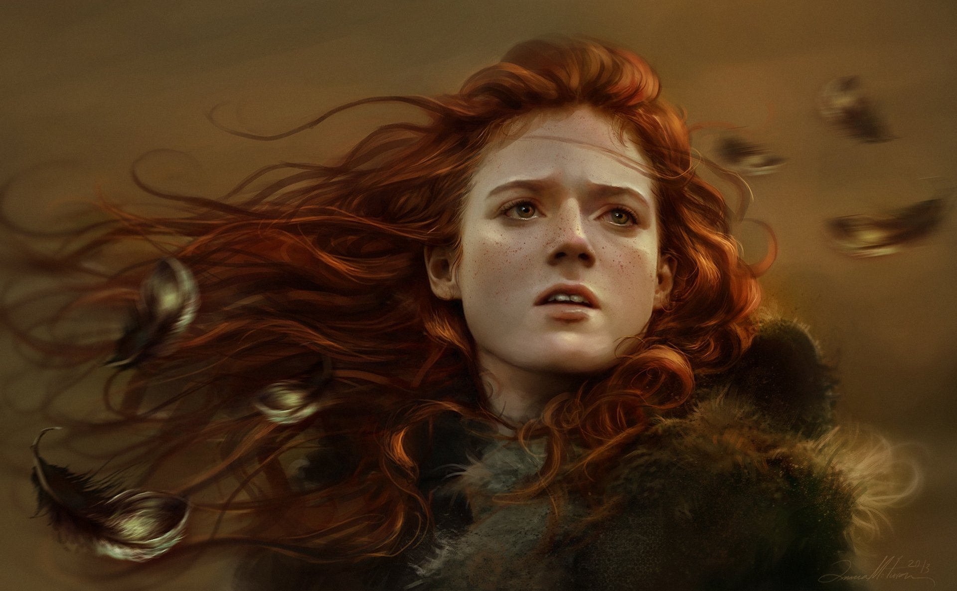 art game of thrones ygritte fille visage rousse taches de rousseur plumes