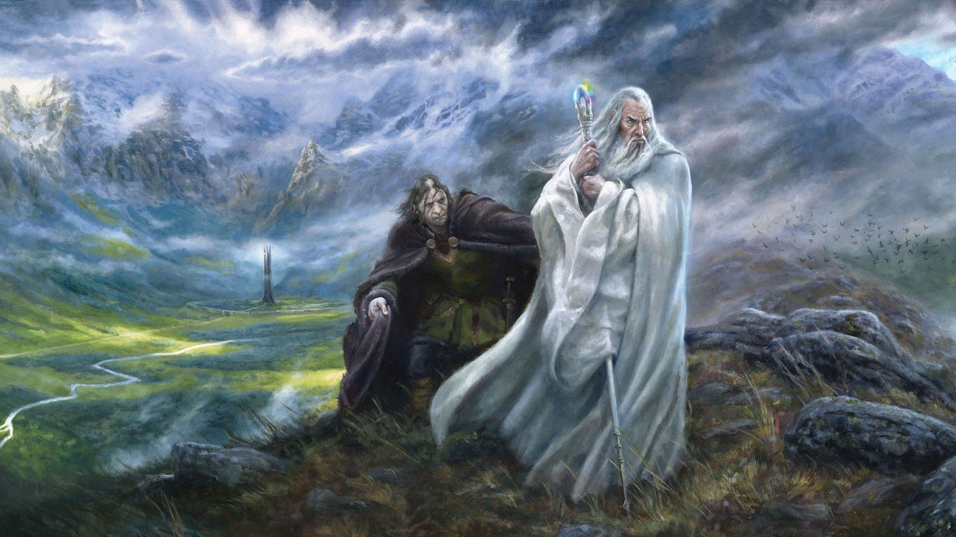 art the lord of the rings saruman grima wormtongue isengard valley tower mountain clouds stones sorcerer staff crystal