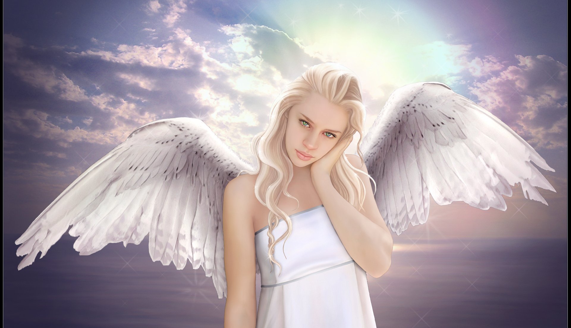 fiction girl angel wings view green eyes blonde sky clouds sea