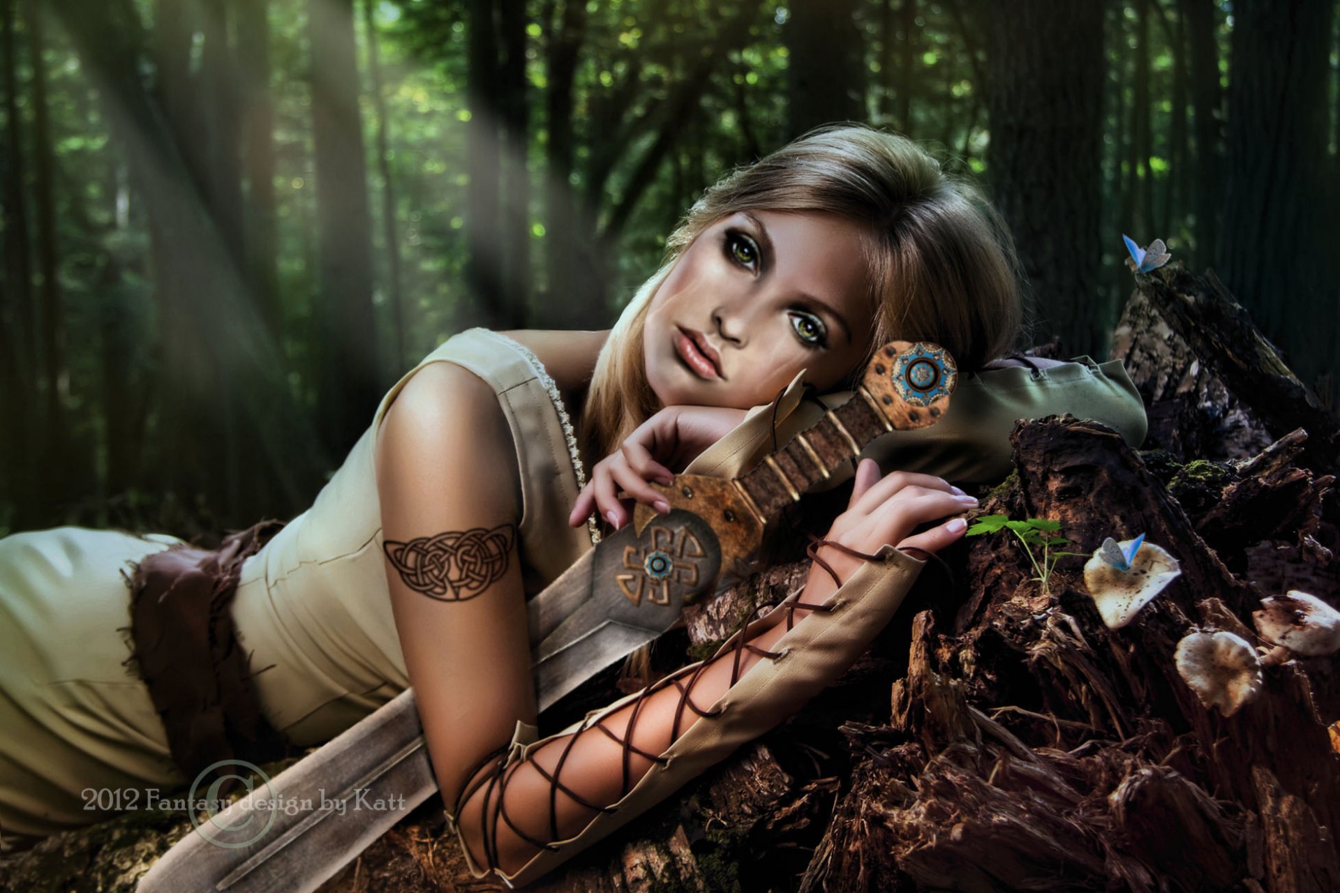 fantasie mädchen blick grüne augen haare hände waffe schwert wald bäume