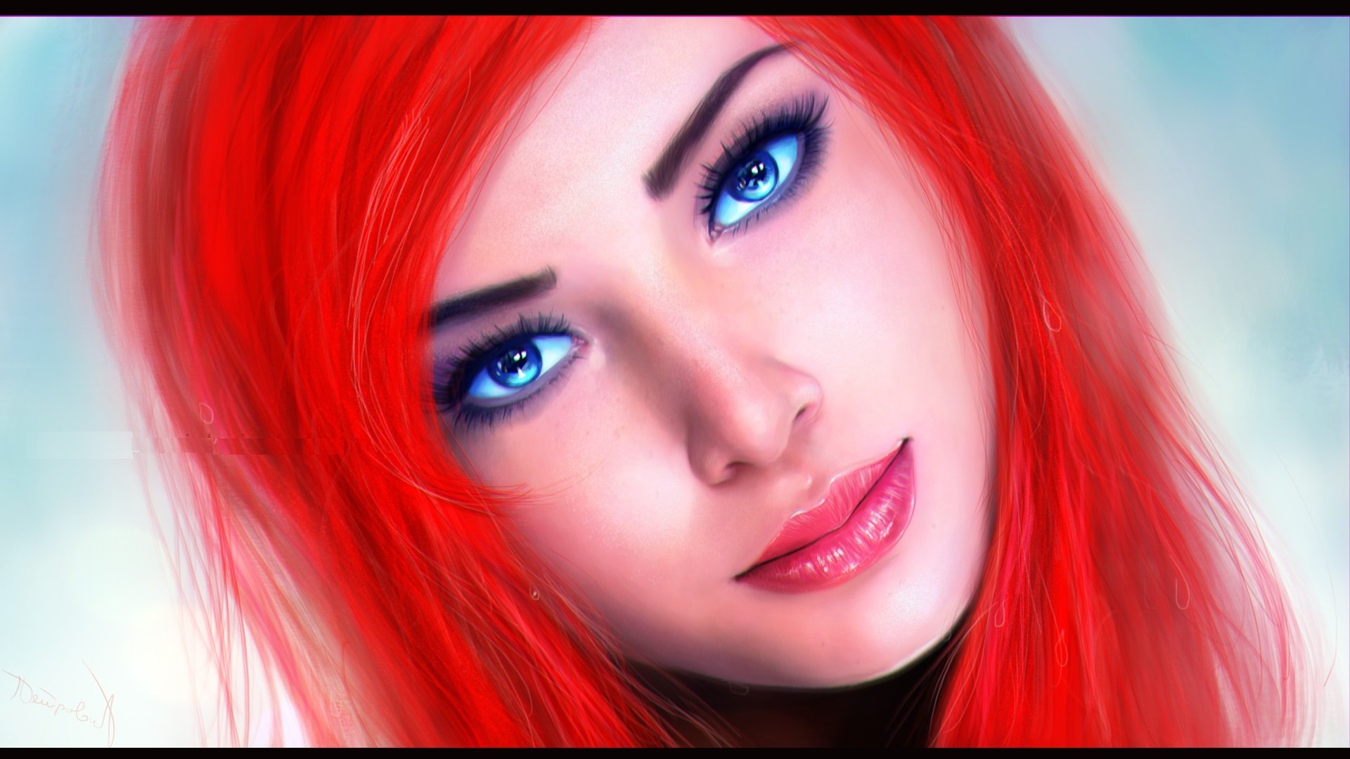 ariel mermaid red hair blue eyes view face background