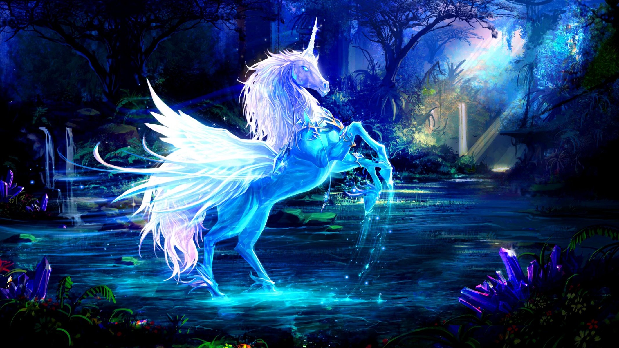 arte unicornio caballo agua rayos bosque