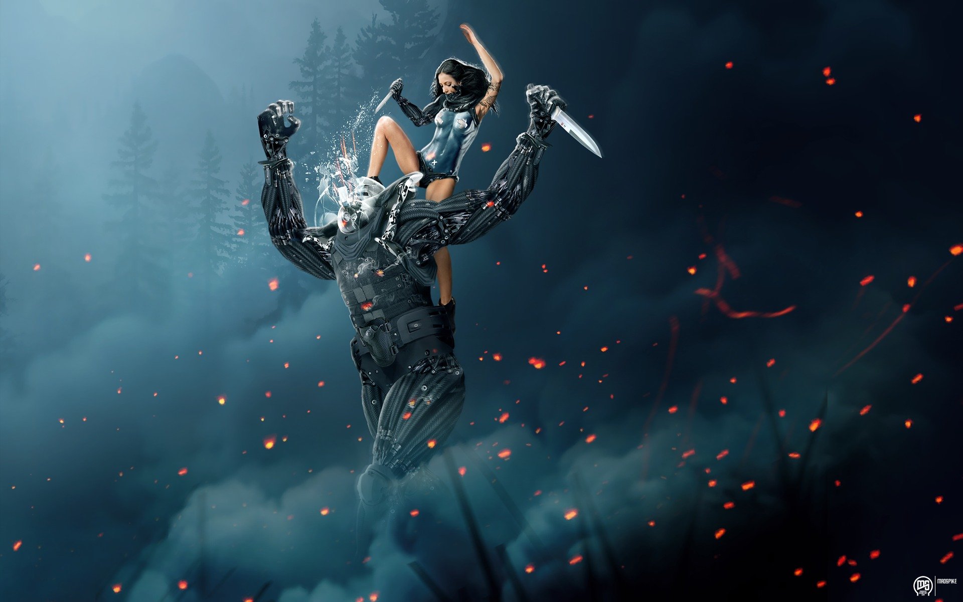 girl quest blade cyborg forest smoke sparks photo manipulation art by madspike