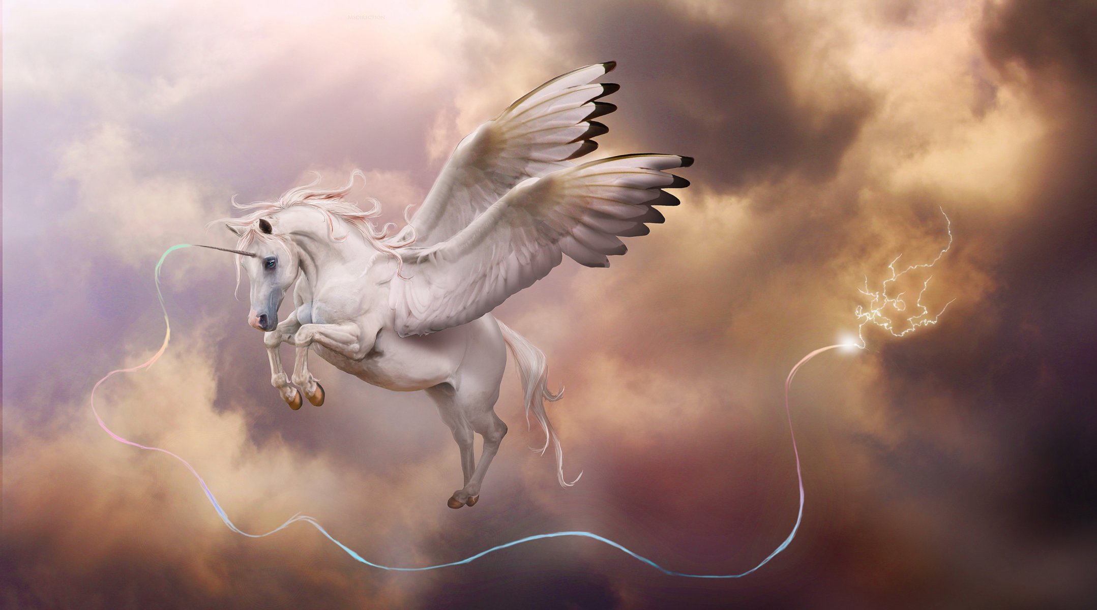 art licorne corne pegasus ailes dans le ciel magie foudre nuages orage